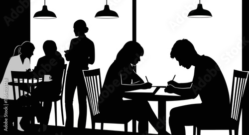 Silhouetted patrons and staff in a bustling cafe scene, illustrating a vibrant social atmosphere