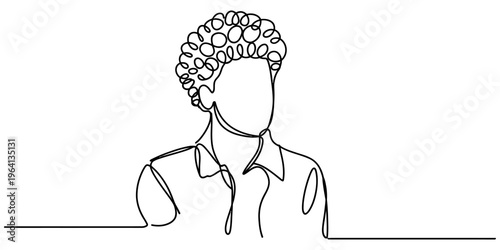 A minimalist single line drawing of a person with curly hair and a casual shirt looking away.