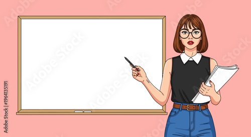 Illustration of a teacher pointing to a whiteboard with a book in hand