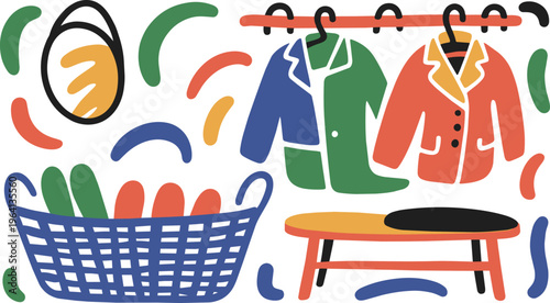 Matisse Style Clothes Hanging in Dressing Room with Mirror, Basket, and Bench