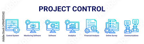 Project Control web banner icon vector illustration with icons of Control System,Monitoring Software,Software,Analytics,Financial Analysis,Online Survey and Communications