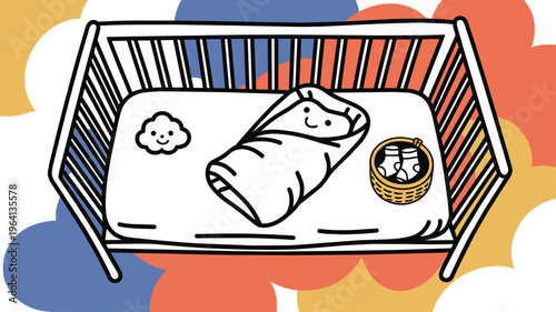 Baby Swaddled Sleeping in Crib Cartoon Illustration