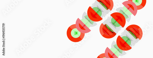 Abstract pattern features repeating circles. Red, green colors dominate design. Minimalist aesthetic, simple shapes present. Clean background enhances visual impact.