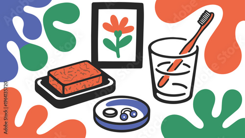 Bathroom Counter Essentials Flat Illustration with Soap, Toothbrush, and Abstract Shapes