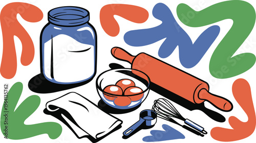 Baking Ingredients and Kitchen Utensils Flat Design Illustration with Eggs Flour Rolling Pin Whisk