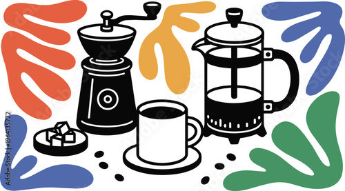 Coffee Grinder French Press Cup Black and White Line Art Illustration with Abstract Organic Shapes