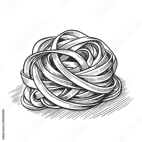Vintage engraved pasta nest. Hand drawn black and white vector illustration of Italian noodles in retro engraving style.