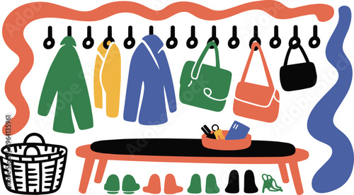 Colorful Entryway Illustration with Coats, Bags, and Shoes Organized