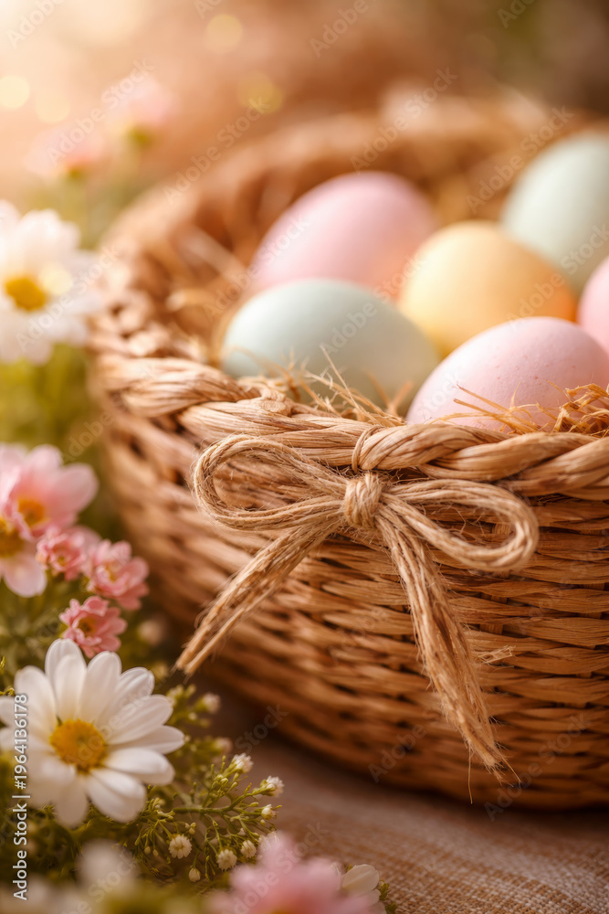Obraz premium Easter Basket with Pastel Eggs in Warm Light Close Up Scene