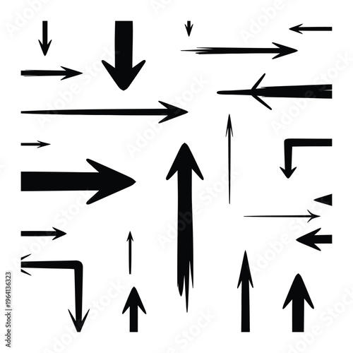 Collection of various black arrows pointing different directions on white background