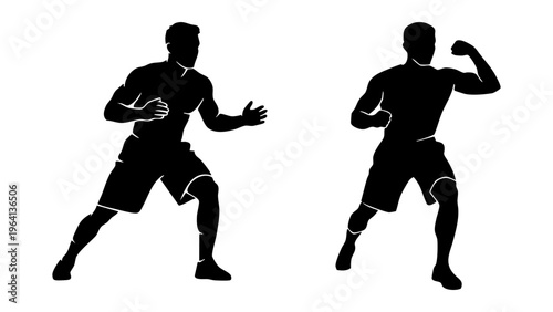 MMA Fighter Grappling and Defensive Stance Action Silhouette Vector