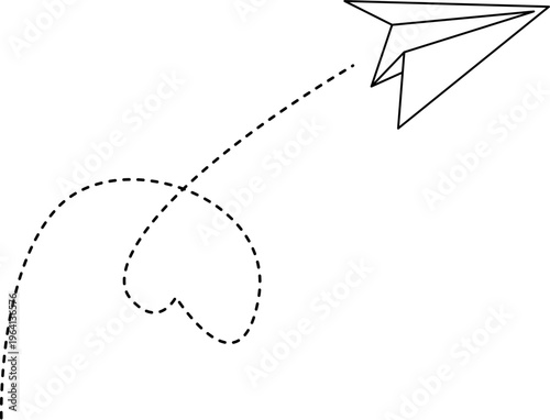 Paper airplane flying with a dotted line Illustration of blue paper plane arrows and dotted line paths featuring origami aircraft and simplistic airplane with dash trajectory trails symbolizing cute