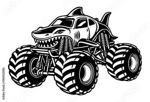 Shark Monster Truck With Huge Tires And Sharp Teeth Design, Aggressive Off Road Vehicle Silhouette For Racing Fans And Monster Jam Lovers