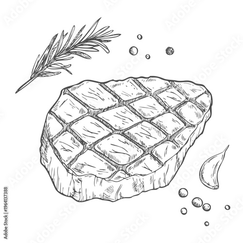 Hand drawn beef veal steak grilled. Roast meat, grill food, barbecue sketch. Engraved vintage vector illustration