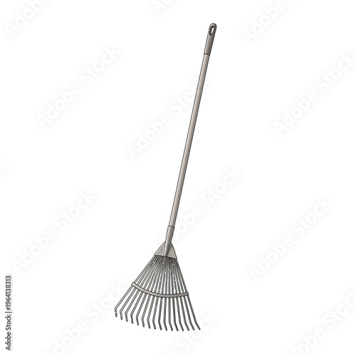 A garden rake with long metal handle.