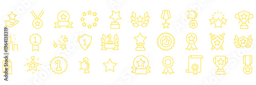 Exclusive Benefit, Special Offer, Best Award, High Rank Premium Icons Pack. Such Line Signs as Champion Cup, Stars, Medal. Vector Icons Set for Web and App in Outline Style Editable Stroke