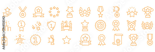 Exclusive Benefit, Special Offer, Best Award, High Rank Premium Icons Pack. Such Line Signs as Champion Cup, Stars, Medal. Vector Icons Set for Web and App in Outline Style Editable Stroke
