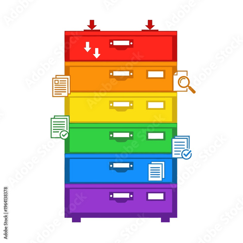 Colorful file cabinet with labeled drawers.