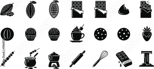 Chocolate and Cocoa Production Vector Icon Set Featuring Cacao Beans Chocolate Bars Cookies Fondue Cooking Tools and Sweet Desserts for Design