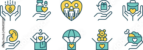 Illustrations of various charitable and humanitarian aid themes