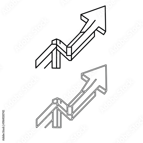 Two 3D block arrows pointing upwards in different line styles  growth and progress concept