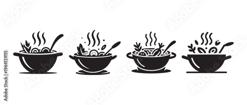 Four black and white icons of steaming hot bowls of delicious soup or stew with spoons.