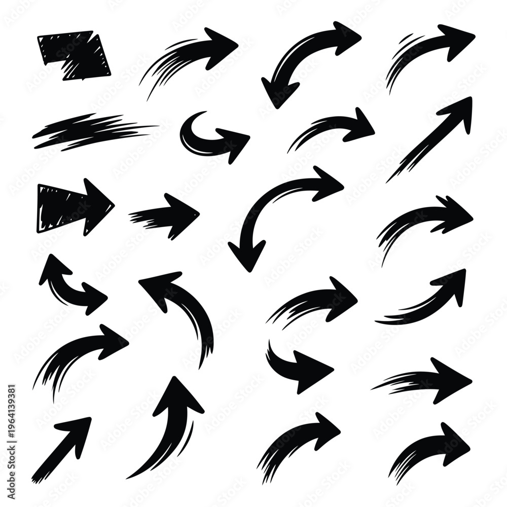 Fototapeta premium Collection of black hand drawn arrows on white background for design