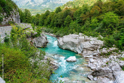 Scenic summer view along the Isonzo (Soca) river in Slovenia.