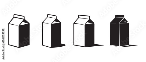 Set of four milk carton icons in different styles from outline to solid silhouette with shadows.