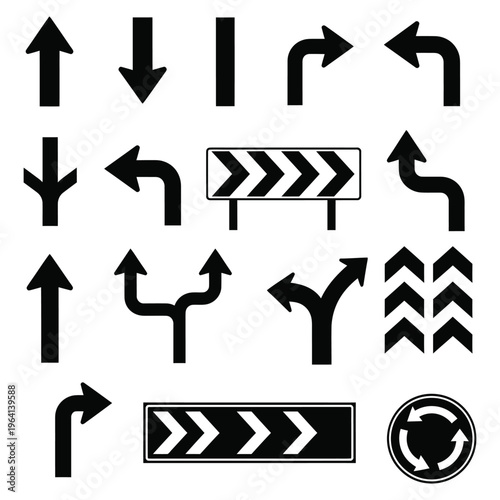 Black and white road direction arrows and signs on white background