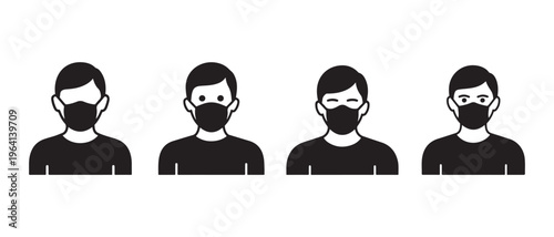 Group of Minimalist People Icons Wearing Black Face Masks for Virus Protection and Public Health Safety.