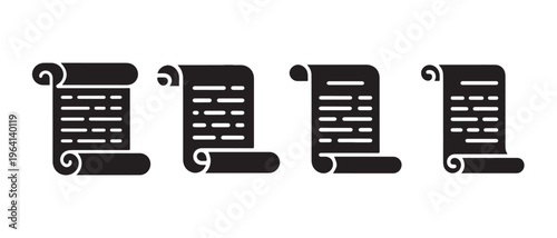 Collection of Black Scroll Icons with Text Lines, Symbolizing Ancient Manuscripts, Important Laws, and Historical Decrees on a Clean White Background.
