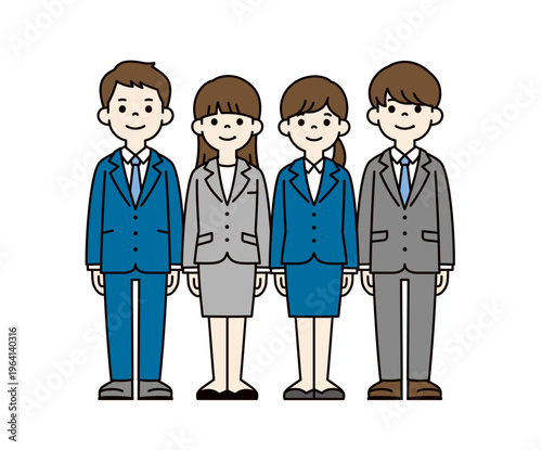 リクルートスーツを着て就職活動をする、複数の男女の大学生の全身ベクターイラスト素材セット