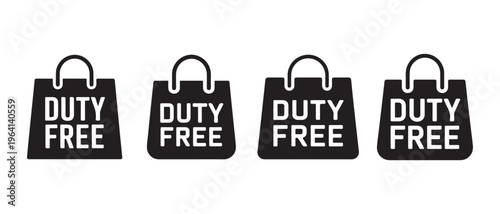 Collection of Black Duty Free Shopping Bag Icons. on White Background, Representing Tax-Free Retail.