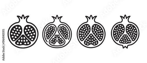 Set of Pomegranate Half Icons. Minimalist Black Outline Line Art for Healthy Food and Fruit Concepts.