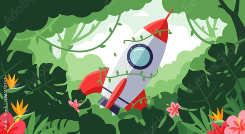 a rocket hidden deep in a lush tropical jungle overgrown with vines signifying a secret discovery and exploration adventure.