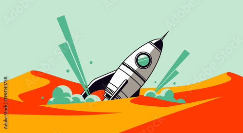 a retro rocket stuck in a desert landing depicting a spaceship accident and challenging setback in space exploration.