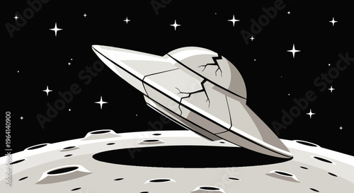 damaged ufo spaceship crash on lunar surface illustrating an extraterrestrial vehicle accident amidst craters and stars