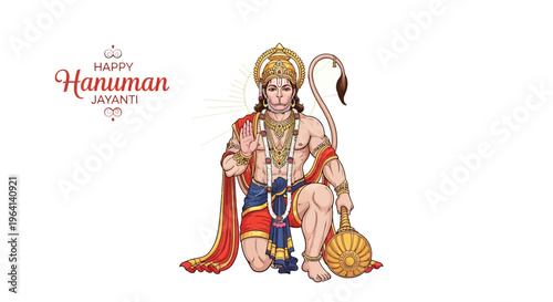 Illustration of Lord Hanuman kneeling with a golden crown, red cape, and blue loincloth, holding a mace on a white background with Happy Hanuman Jayanti text in red.