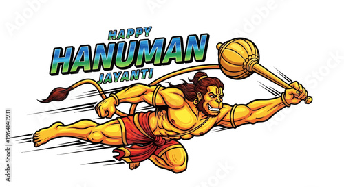Illustration of Lord Hanuman in mid-air, wielding a mace, celebrating Happy Hanuman Jayanti festival with vibrant colors and dynamic motion lines on a white background.