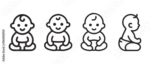 Cute sitting baby icons in various poses, simple black line art on white background flat design vector illustration.