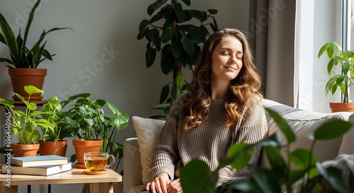 Relaxed Woman enjoying Smart Home Ambience with Plants