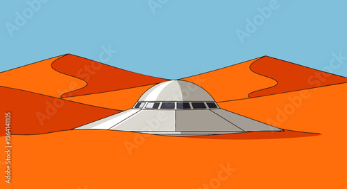 ufo spaceship partially buried in orange desert sand dunes under a clear sky a mysterious alien spacecraft for science fiction design.