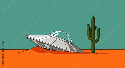 a ufo crash landed in the vast desert landscape partially buried in sand next to a saguaro cactus a mysterious alien encounter scene.