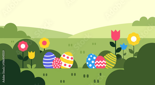 easter eggs in a vibrant spring landscape with colorful flowers capturing a festive easter egg hunt and holiday celebration.