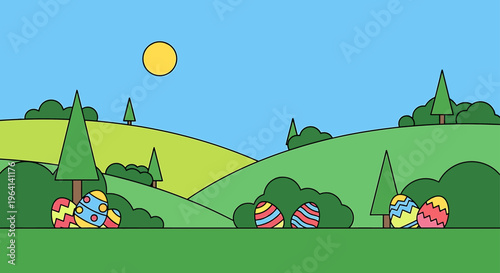 easter eggs in a vibrant spring landscape with rolling green hills and trees a flat design illustration for an outdoor egg hunt concept.