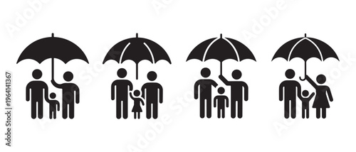 Family Protection Icons Set. with Umbrellas, symbolizing security, care, and insurance, minimalist flat design vector illustration.