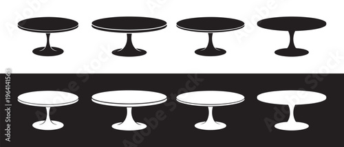 A collection of modern circular pedestal dining tables displayed in black and white silhouette form.