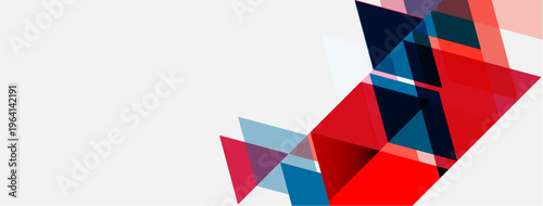 Abstract geometric shapes, triangles dominate composition. Red, blue hues contrast white background. Modern design element.