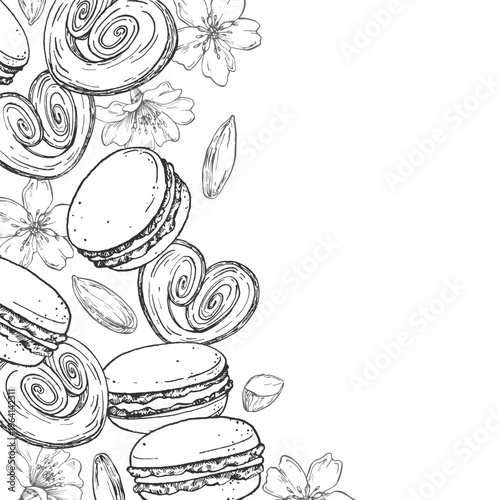 Frame with macarons and palmieres, flowers and almond kernels. Hand drawn vector illustration. Template for menu labels and dessert packaging.